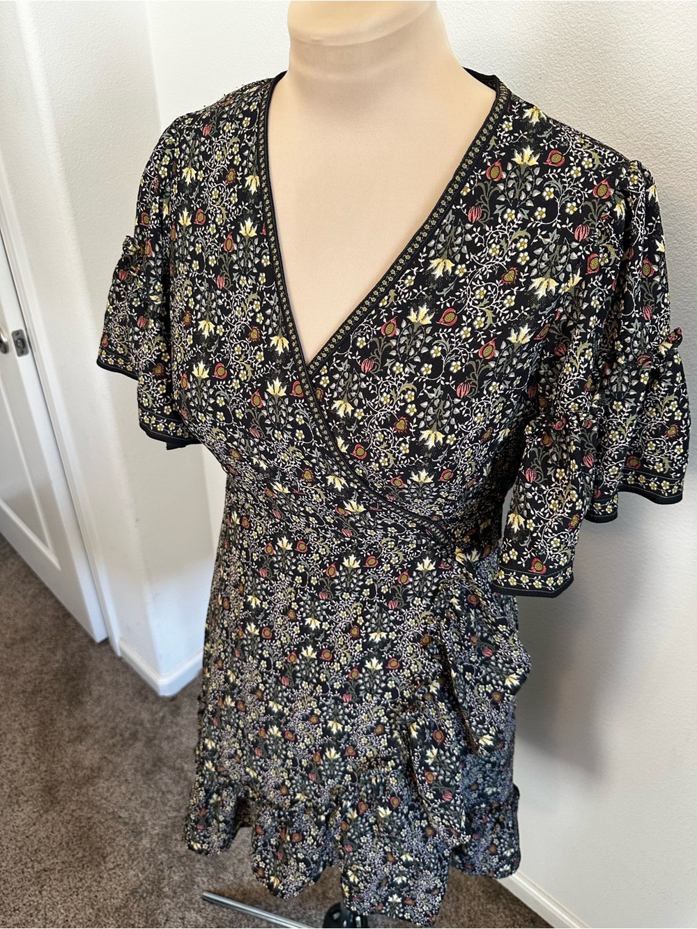 Black Floral Wrap Dress Colorful Floral Midi Boho Flutter Sleeve Cottagecore